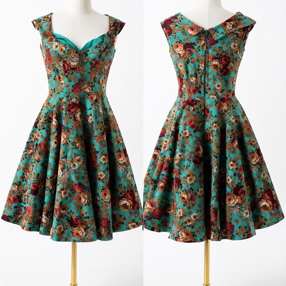 Lindy Bop Dresses & Skirts - Lindy Bop Teal Floral Fit-and-Flare Midi Dress